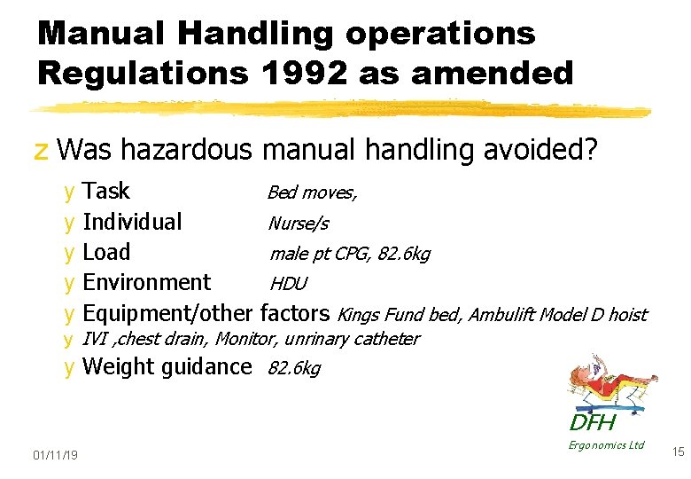 Manual Handling operations Regulations 1992 as amended z Was hazardous manual handling avoided? y