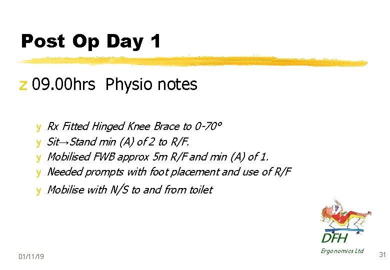 Post Op Day 1 z 09. 00 hrs Physio notes y y Rx Fitted