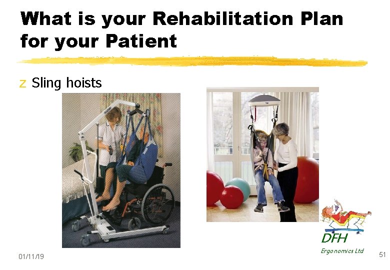 What is your Rehabilitation Plan for your Patient z Sling hoists DFH 01/11/19 Ergonomics