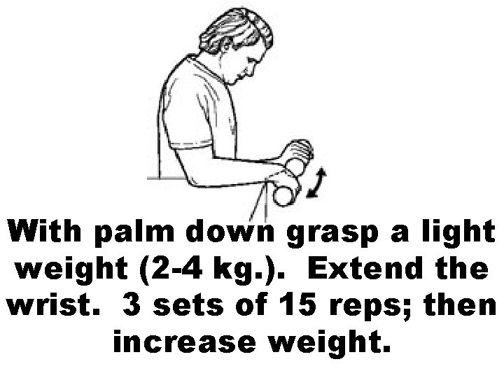 With palm down grasp a light weight (2 -4 kg. ). Extend the wrist.
