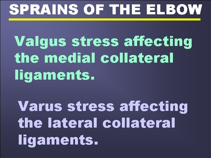 SPRAINS OF THE ELBOW Valgus stress affecting the medial collateral ligaments. Varus stress affecting