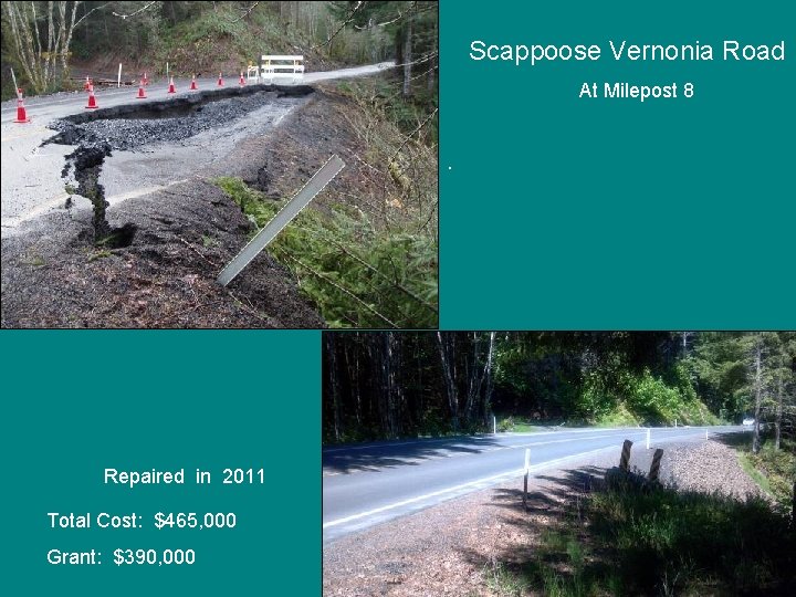 Scappoose Vernonia Road At Milepost 8. Repaired in 2011 Total Cost: $465, 000 Grant: