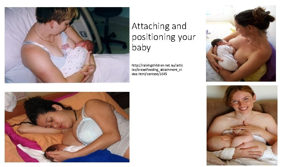 Attaching and positioning your baby http: //raisingchildren. net. au/artic les/breastfeeding_attachment_vi deo. html/context/1645 