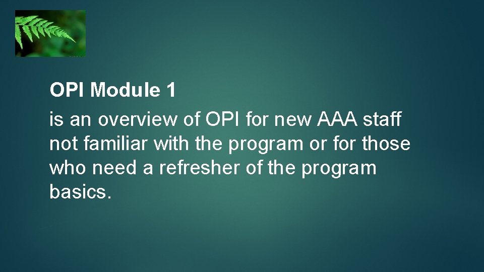 OPI Module 1 is an overview of OPI for new AAA staff not familiar