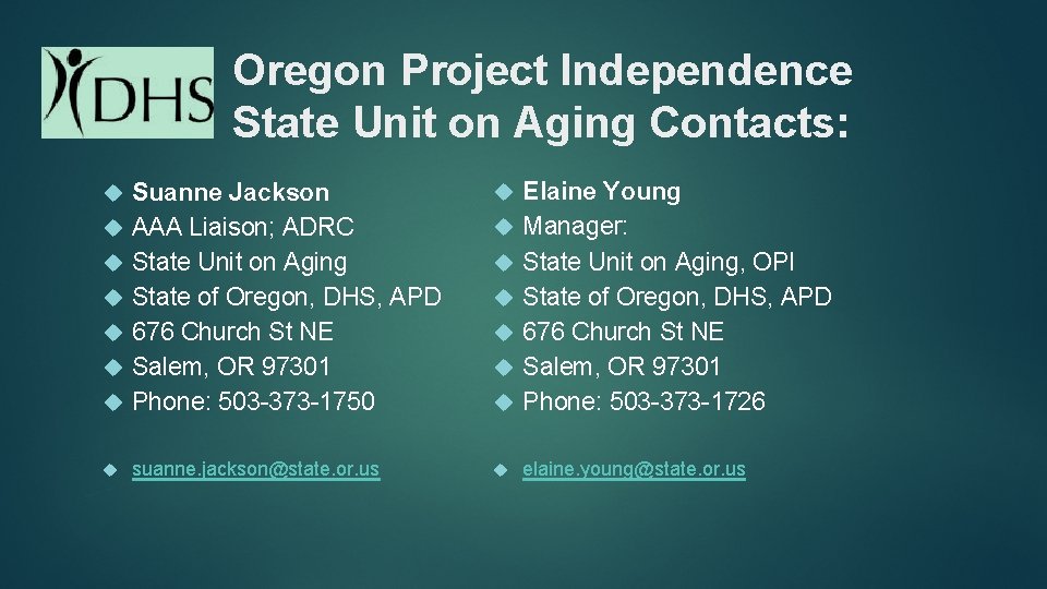 Oregon Project Independence State Unit on Aging Contacts: Suanne Jackson AAA Liaison; ADRC State