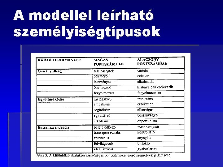 A modellel leírható személyiségtípusok 