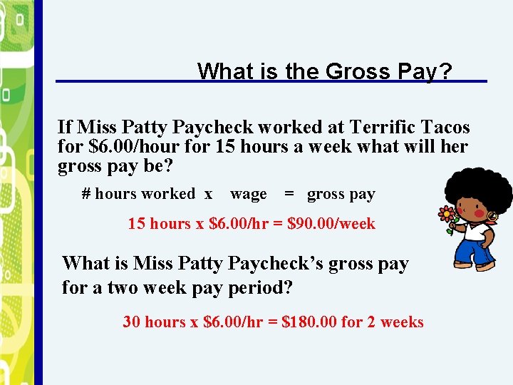 What is the Gross Pay? If Miss Patty Paycheck worked at Terrific Tacos for