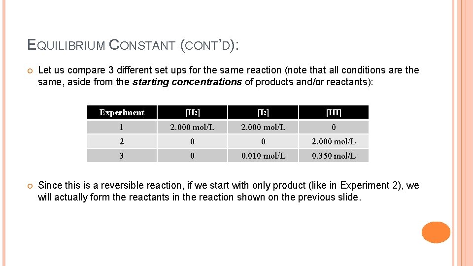 EQUILIBRIUM CONSTANT (CONT’D): Let us compare 3 different set ups for the same reaction