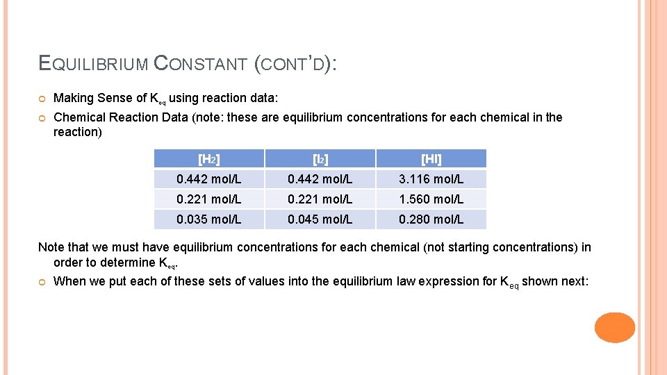 EQUILIBRIUM CONSTANT (CONT’D): Making Sense of Keq using reaction data: Chemical Reaction Data (note: