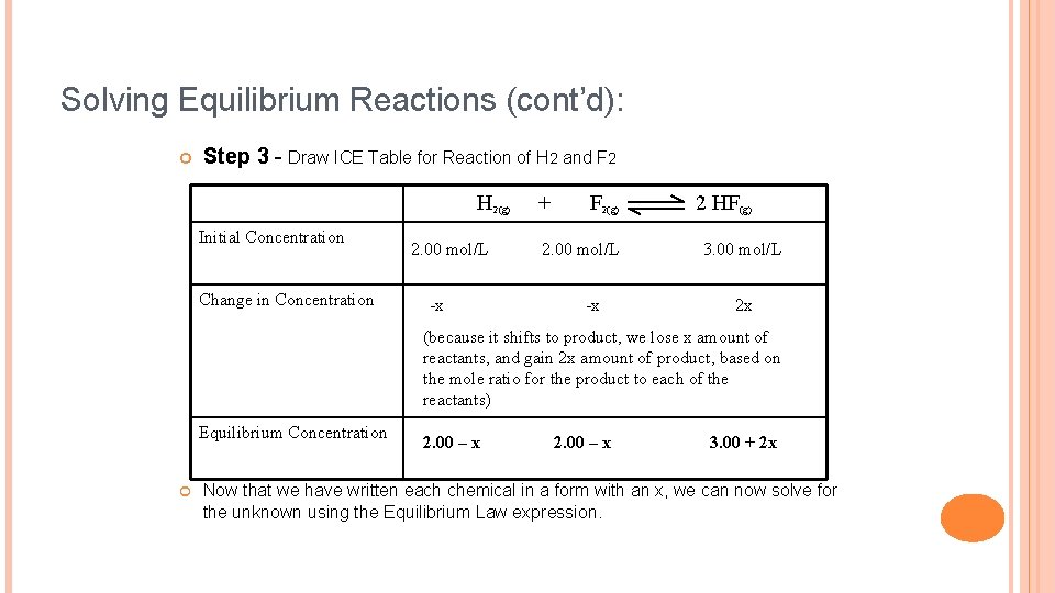 Solving Equilibrium Reactions (cont’d): Step 3 - Draw ICE Table for Reaction of H