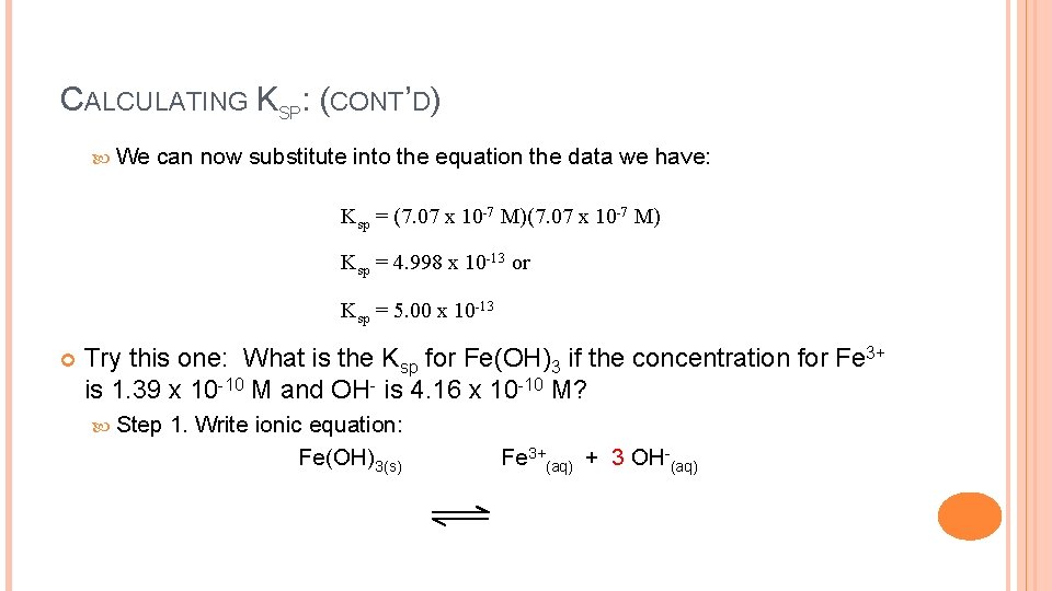 CALCULATING KSP: (CONT’D) We can now substitute into the equation the data we have: