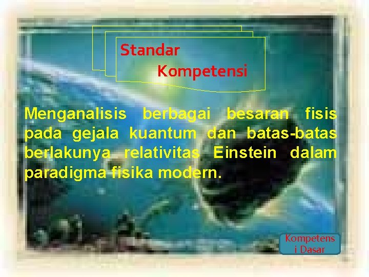 Standar Kompetensi Menganalisis berbagai besaran fisis pada gejala kuantum dan batas-batas berlakunya relativitas Einstein