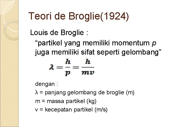 Teori de Broglie(1924) Louis de Broglie : “partikel yang memiliki momentum p juga memiliki