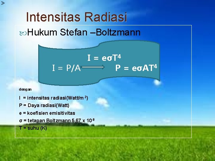 Intensitas Radiasi Hukum Stefan –Boltzmann I = eσT 4 I = P/A P =