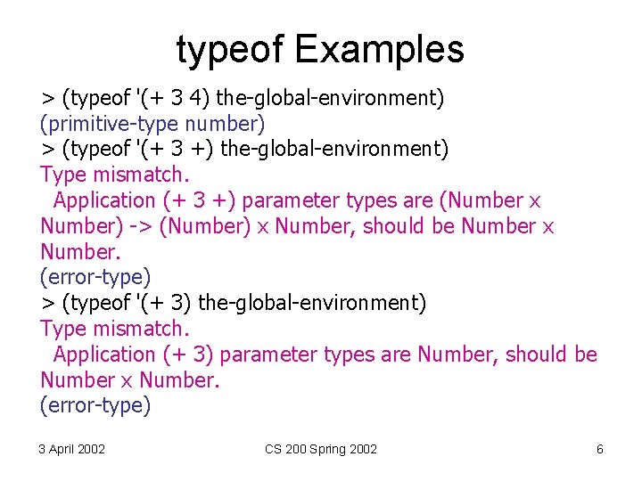 typeof Examples > (typeof '(+ 3 4) the-global-environment) (primitive-type number) > (typeof '(+ 3