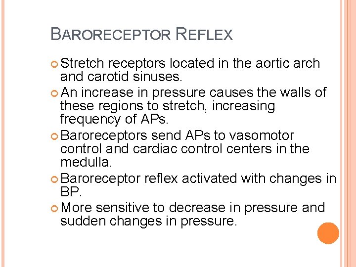 BARORECEPTOR REFLEX Stretch receptors located in the aortic arch and carotid sinuses. An increase