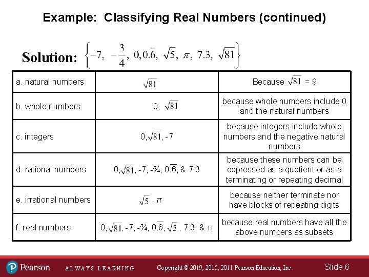 Example: Classifying Real Numbers (continued) Solution: a. natural numbers Because b. whole numbers ,