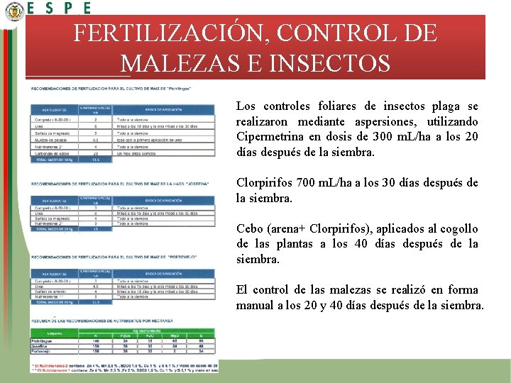 FERTILIZACIÓN, CONTROL DE MALEZAS E INSECTOS Los controles foliares de insectos plaga se realizaron