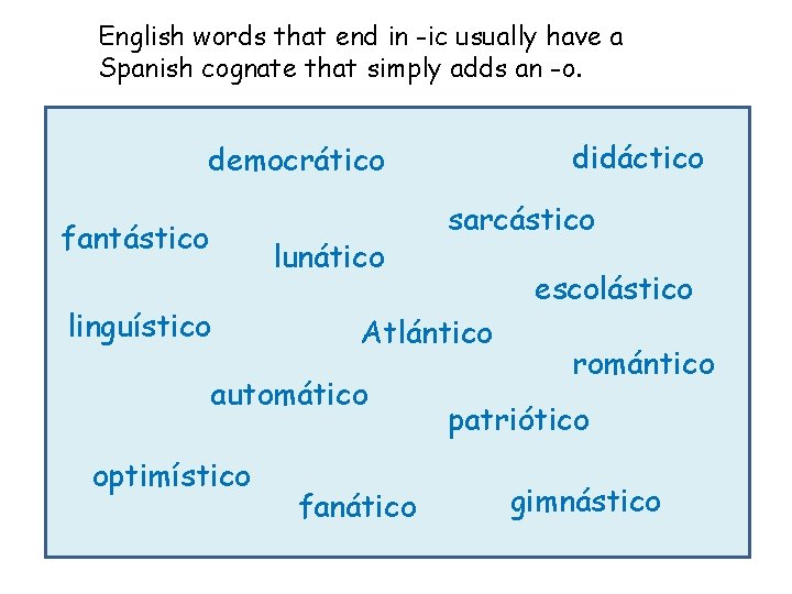 English words that end in -ic usually have a Spanish cognate that simply adds