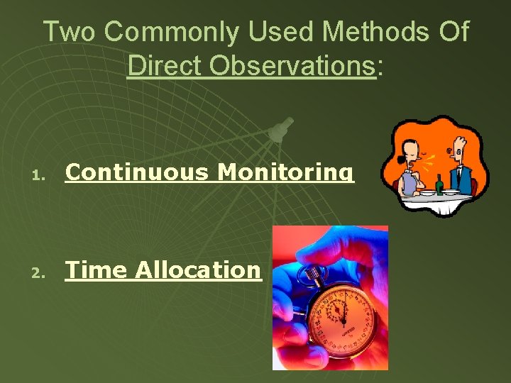 Two Commonly Used Methods Of Direct Observations: 1. Continuous Monitoring 2. Time Allocation 