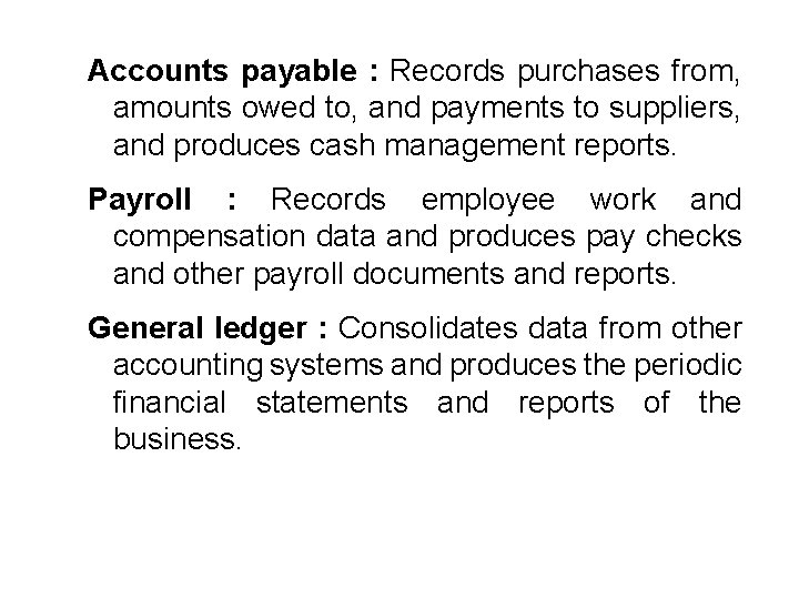 Accounts payable : Records purchases from, amounts owed to, and payments to suppliers, and