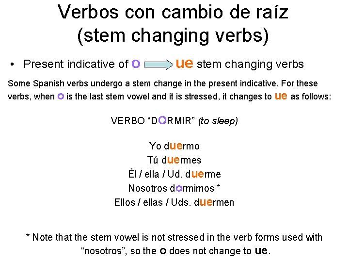 Verbos con cambio de raíz (stem changing verbs) • Present indicative of o ue