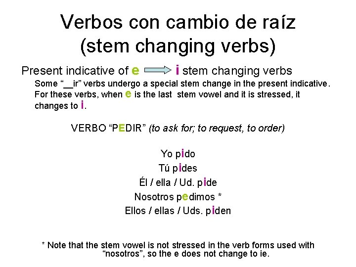 Verbos con cambio de raíz (stem changing verbs) Present indicative of e i stem