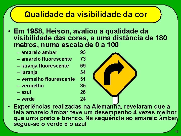 Qualidade da visibilidade da cor • Em 1958, Heison, avaliou a qualidade da visibilidade