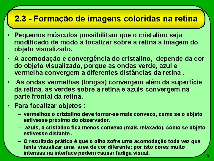 2. 3 - Formação de imagens coloridas na retina • Pequenos músculos possibilitam que