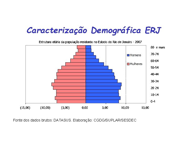 Caracterização Demográfica ERJ Fonte dos dados brutos: DATASUS. Elaboração: CGDG/SUPLAR/SESDEC 