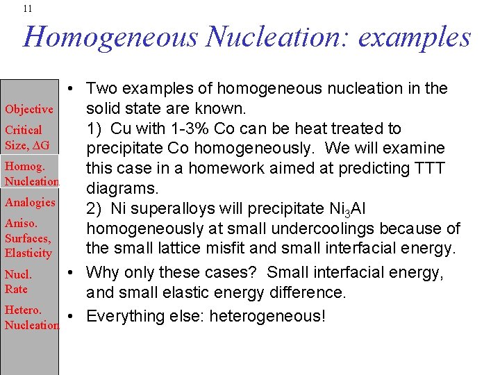 11 Homogeneous Nucleation: examples Objective Critical Size, ∆G Homog. Nucleation Analogies Aniso. Surfaces, Elasticity
