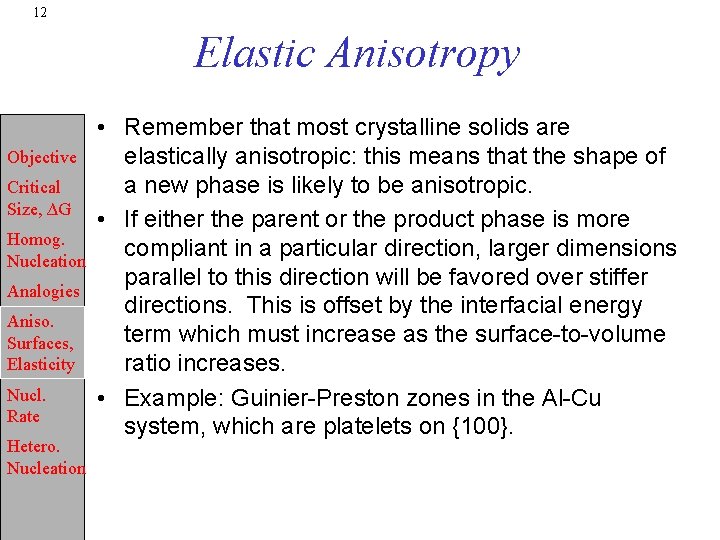 12 Elastic Anisotropy Objective Critical Size, ∆G Homog. Nucleation Analogies Aniso. Surfaces, Elasticity Nucl.