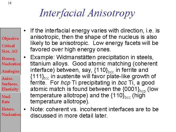 14 Interfacial Anisotropy Objective Critical Size, ∆G Homog. Nucleation Analogies Aniso. Surfaces, Elasticity Nucl.