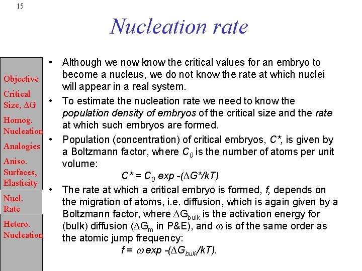 15 Nucleation rate Objective Critical Size, ∆G Homog. Nucleation Analogies Aniso. Surfaces, Elasticity Nucl.