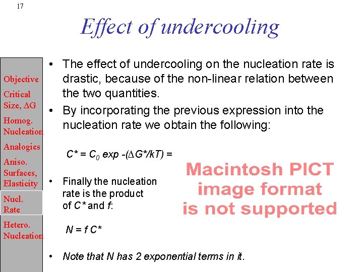 17 Effect of undercooling Objective Critical Size, ∆G Homog. Nucleation Analogies Aniso. Surfaces, Elasticity