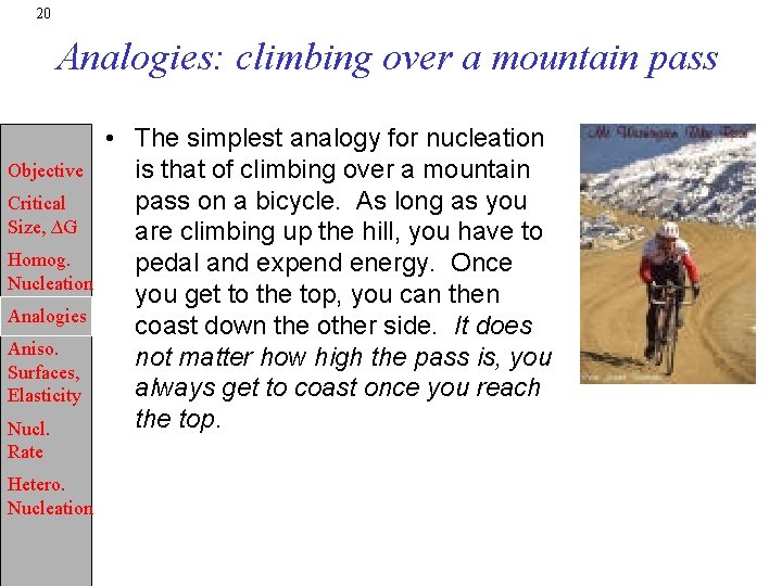 20 Analogies: climbing over a mountain pass Objective Critical Size, ∆G Homog. Nucleation Analogies