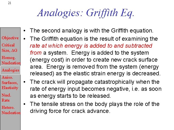 21 Analogies: Griffith Eq. Objective Critical Size, ∆G Homog. Nucleation Analogies Aniso. Surfaces, Elasticity