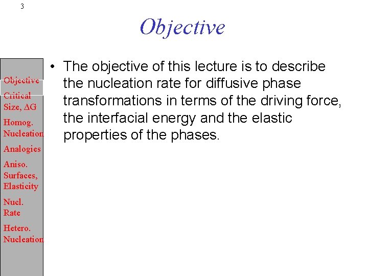 3 Objective Critical Size, ∆G Homog. Nucleation Analogies Aniso. Surfaces, Elasticity Nucl. Rate Hetero.