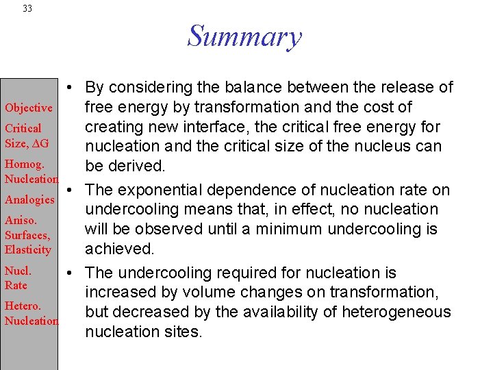 33 Summary Objective Critical Size, ∆G Homog. Nucleation Analogies Aniso. Surfaces, Elasticity Nucl. Rate