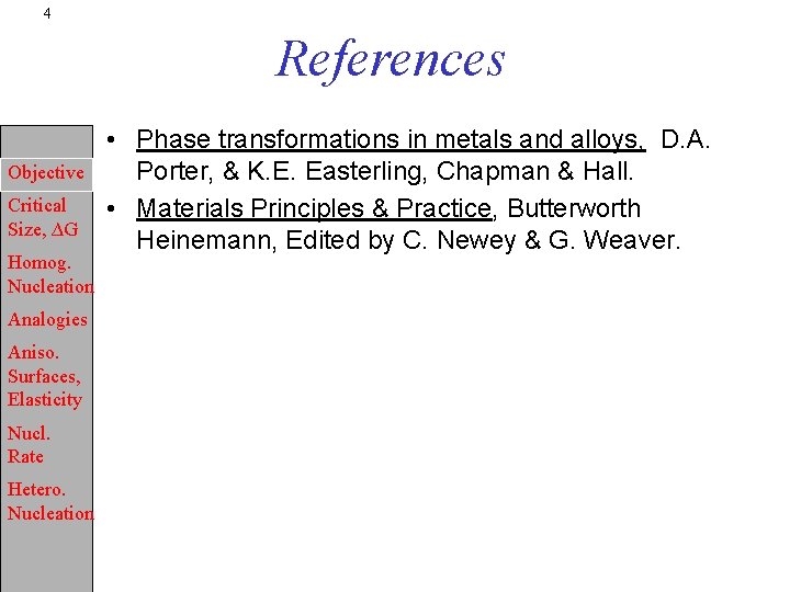 4 References Objective Critical Size, ∆G Homog. Nucleation Analogies Aniso. Surfaces, Elasticity Nucl. Rate