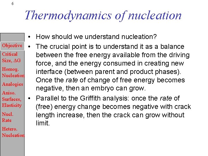 6 Thermodynamics of nucleation Objective Critical Size, ∆G Homog. Nucleation Analogies Aniso. Surfaces, Elasticity