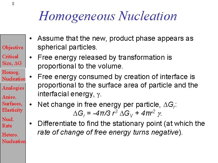 8 Homogeneous Nucleation Objective Critical Size, ∆G Homog. Nucleation Analogies Aniso. Surfaces, Elasticity Nucl.