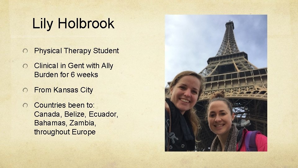 Lily Holbrook Physical Therapy Student Clinical in Gent with Ally Burden for 6 weeks