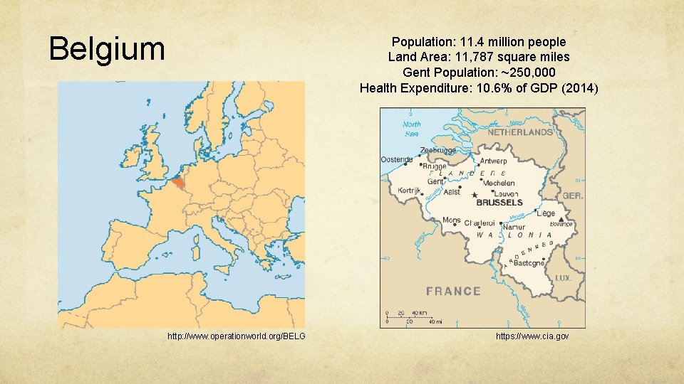 Belgium Population: 11. 4 million people Land Area: 11, 787 square miles Gent Population: