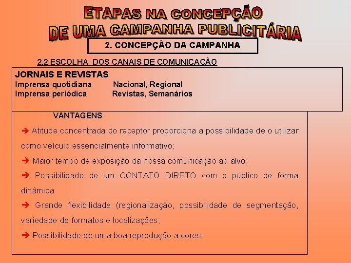2. CONCEPÇÃO DA CAMPANHA 2. 2 ESCOLHA DOS CANAIS DE COMUNICAÇÃO JORNAIS E REVISTAS