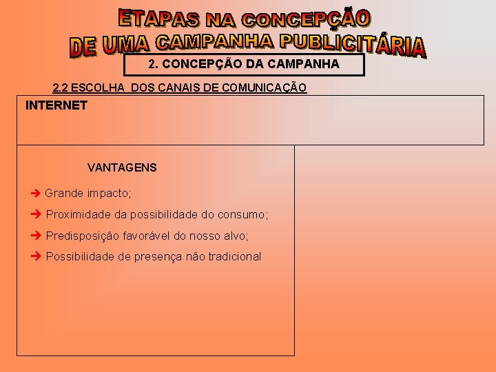 2. CONCEPÇÃO DA CAMPANHA 2. 2 ESCOLHA DOS CANAIS DE COMUNICAÇÃO INTERNET VANTAGENS Grande