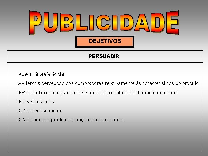 OBJETIVOS PERSUADIR ØLevar à preferência ØAlterar a percepção dos compradores relativamente às características do