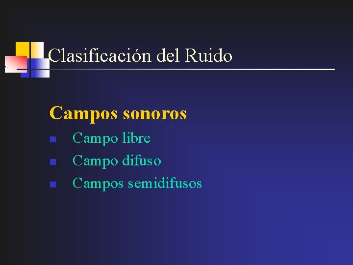 Clasificación del Ruido Campos sonoros n n n Campo libre Campo difuso Campos semidifusos