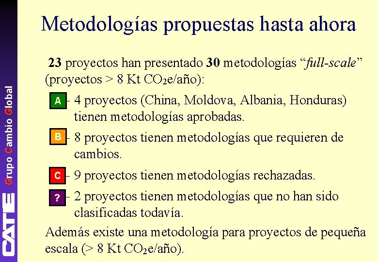 Grupo Cambio Global Metodologías propuestas hasta ahora 23 proyectos han presentado 30 metodologías “full-scale”