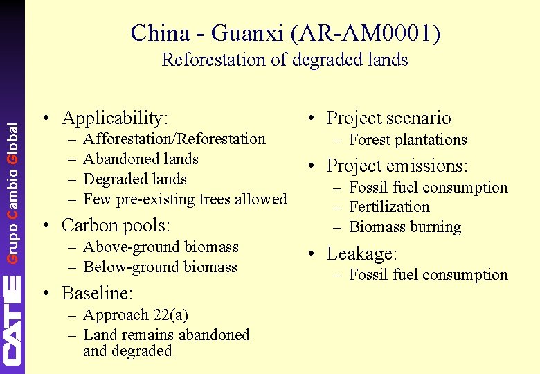 China - Guanxi (AR-AM 0001) Grupo Cambio Global Reforestation of degraded lands • Applicability: